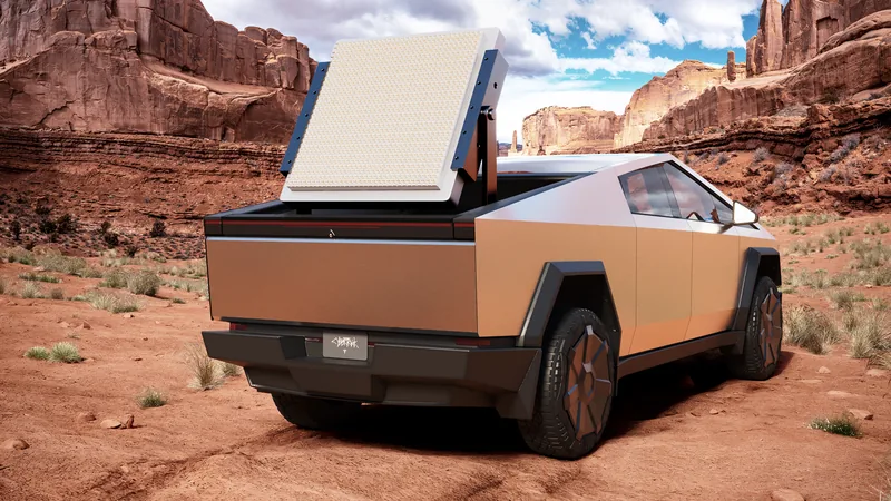 Phased-array radar panel raised on the bed of a pickup in a desert canyon, rendered in 3D