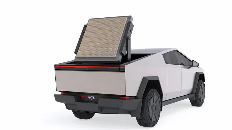 AESA radar system mounted on a pickup bed, rendered in 3D on a white background